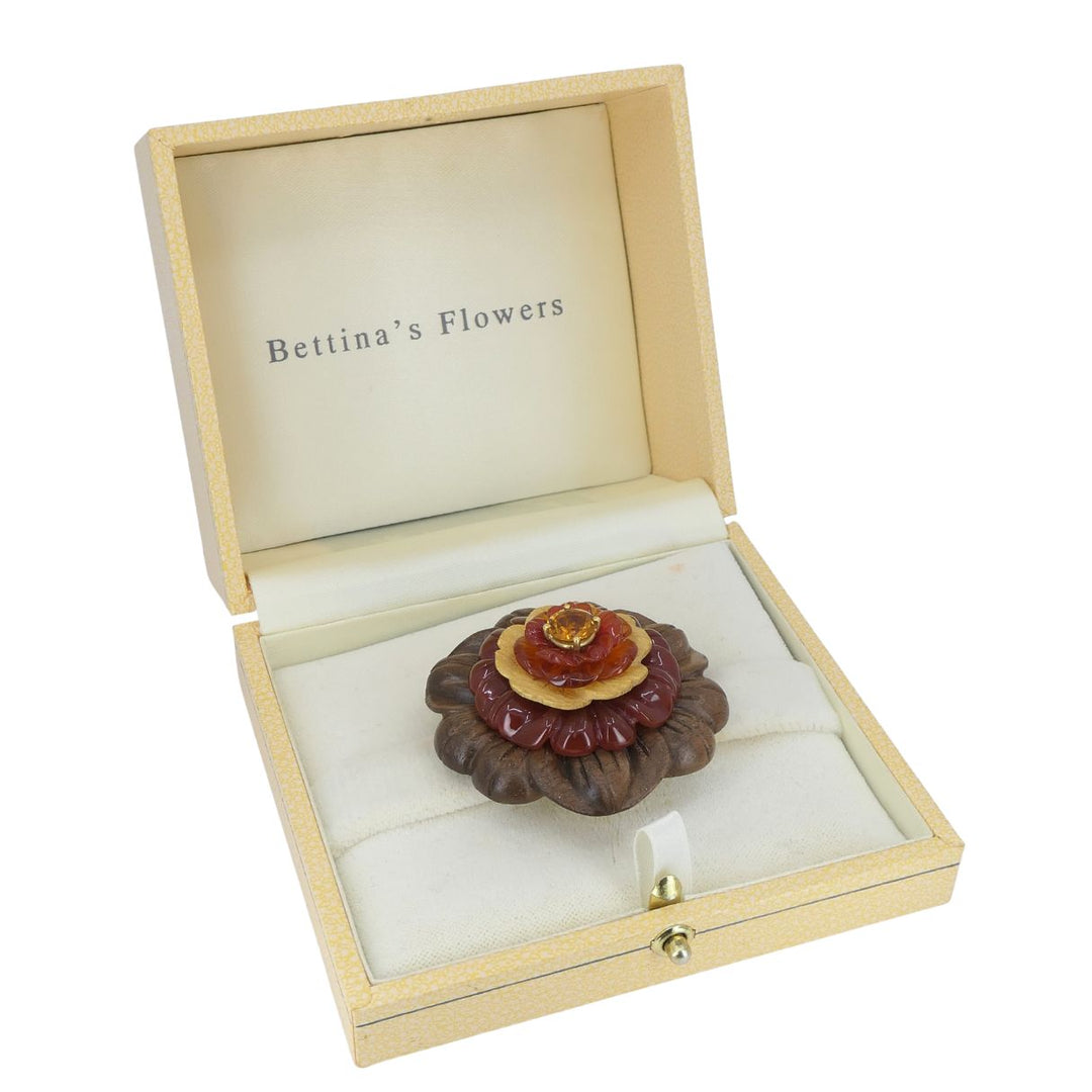 Bettina Gabetti for Trianon Flower Brooch 18k Gold Carved Wood Carnelian Citrine