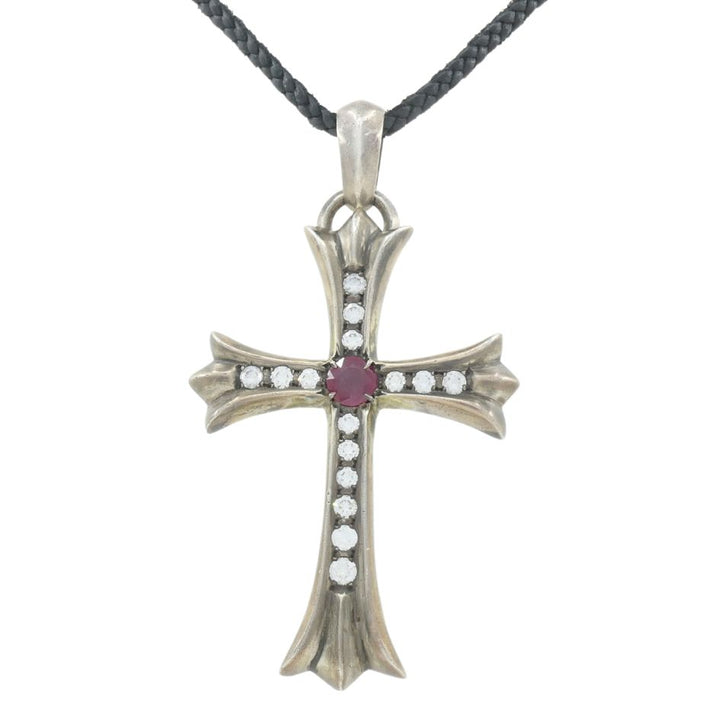 2001 Chrome Hearts Silver Ruby Diamond Cross Pendant Leather Necklace