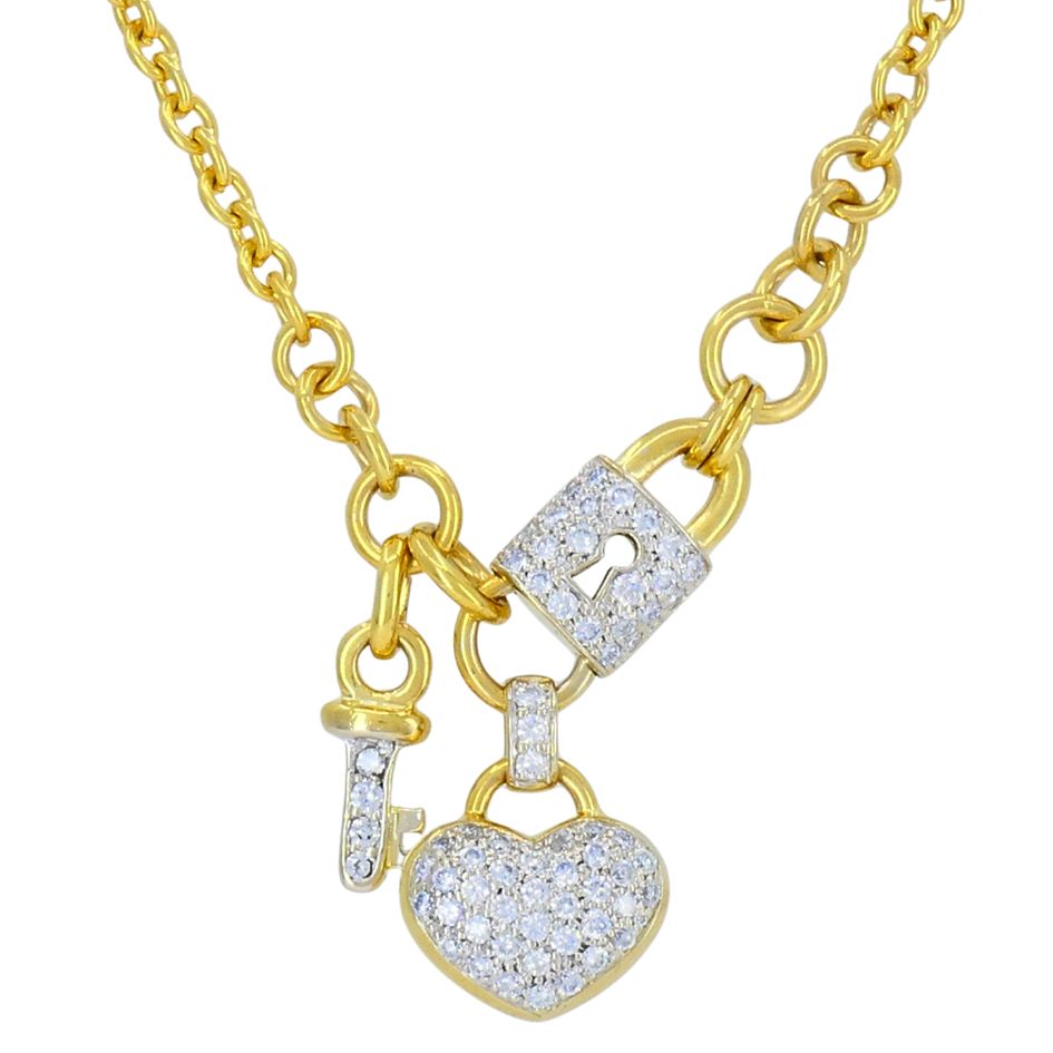 Vintage 18k Gold Diamond Heart Lock Key Pendant Necklace