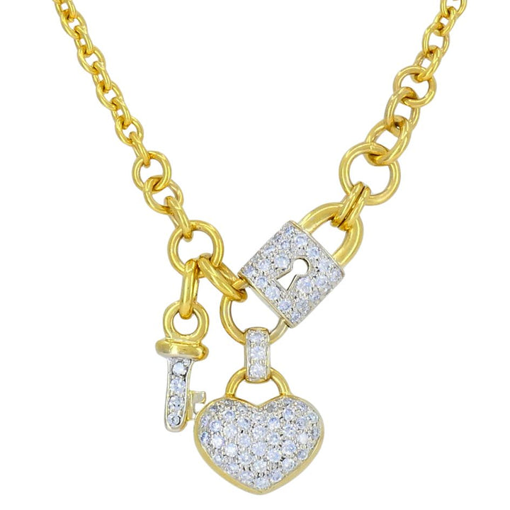 Vintage 18k Gold Diamond Heart Lock Key Pendant Necklace