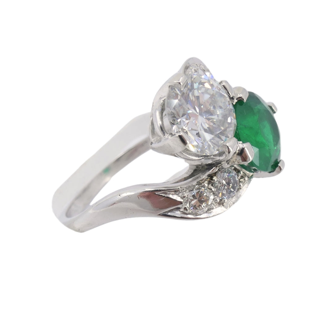 Vintage Platinum Toi et Moi Engagement Ring Diamond Emerald