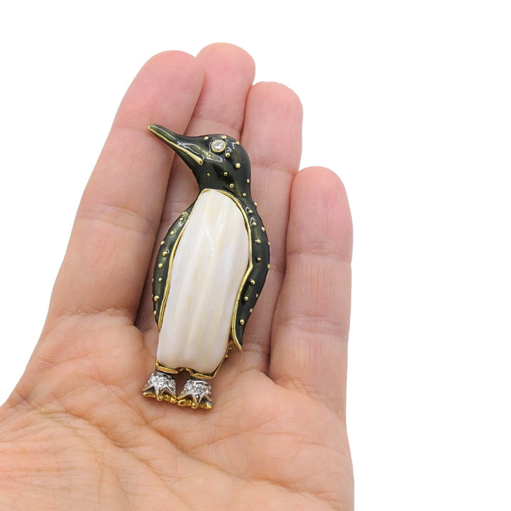 Aldo Cipullo for Cartier Brooch Penguin Enamel Diamond 18K Gold