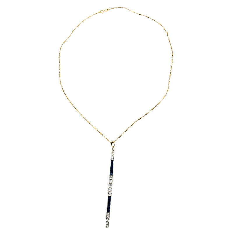 1920s Platinum Bar Pendant Sapphire Diamond & 14k Gold Chain Necklace
