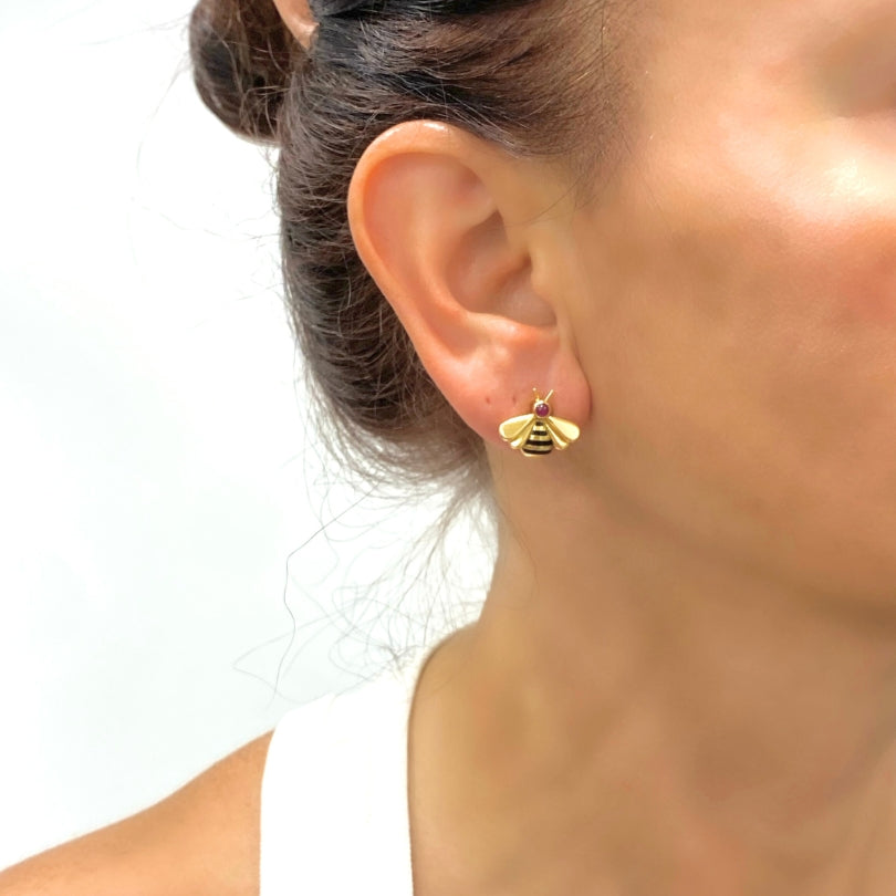 Cartier 18k Gold Bee Stud Earrings Ruby Diamond Accents