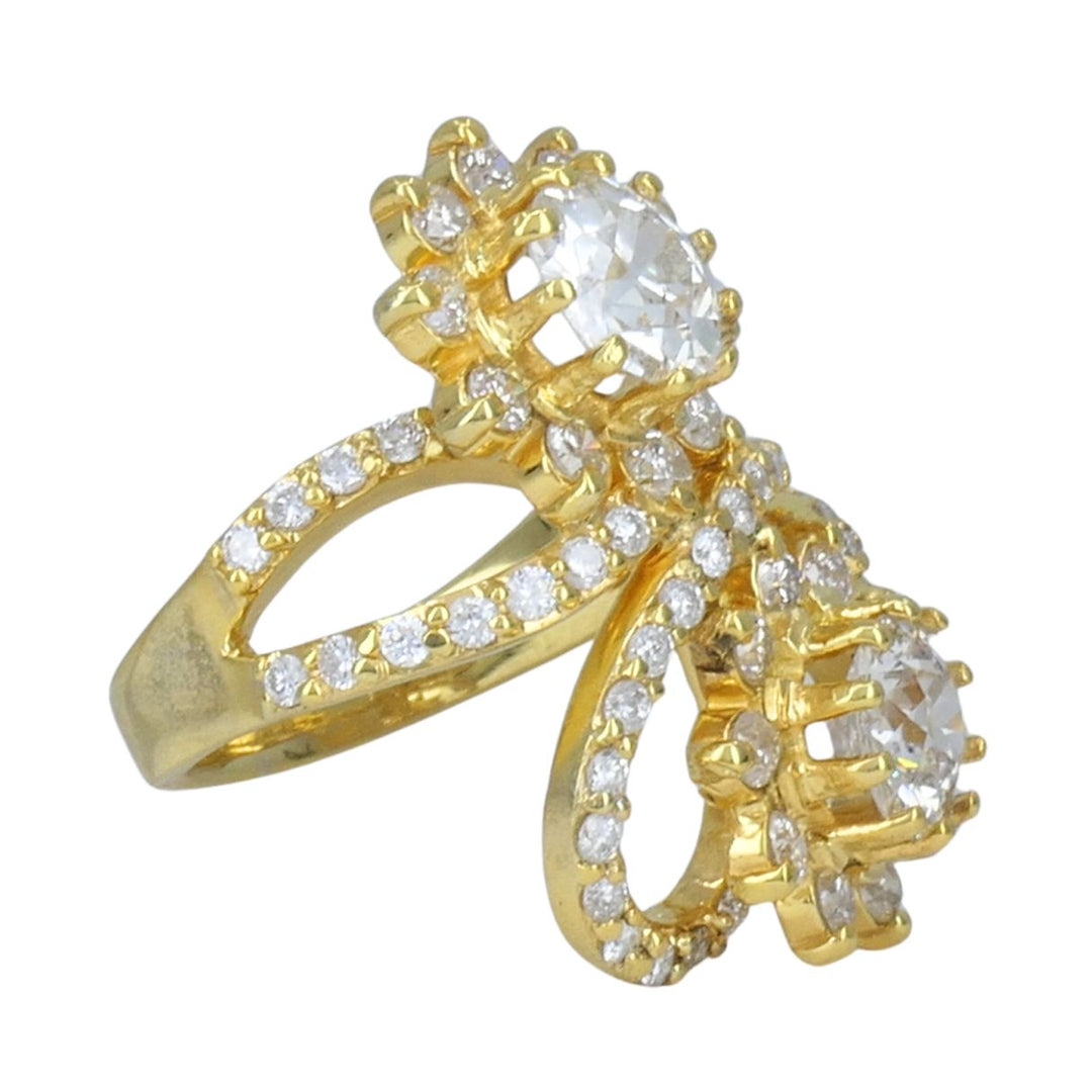 Vintage 18k Yellow Gold Diamond Floral Bypass Cocktail Ring