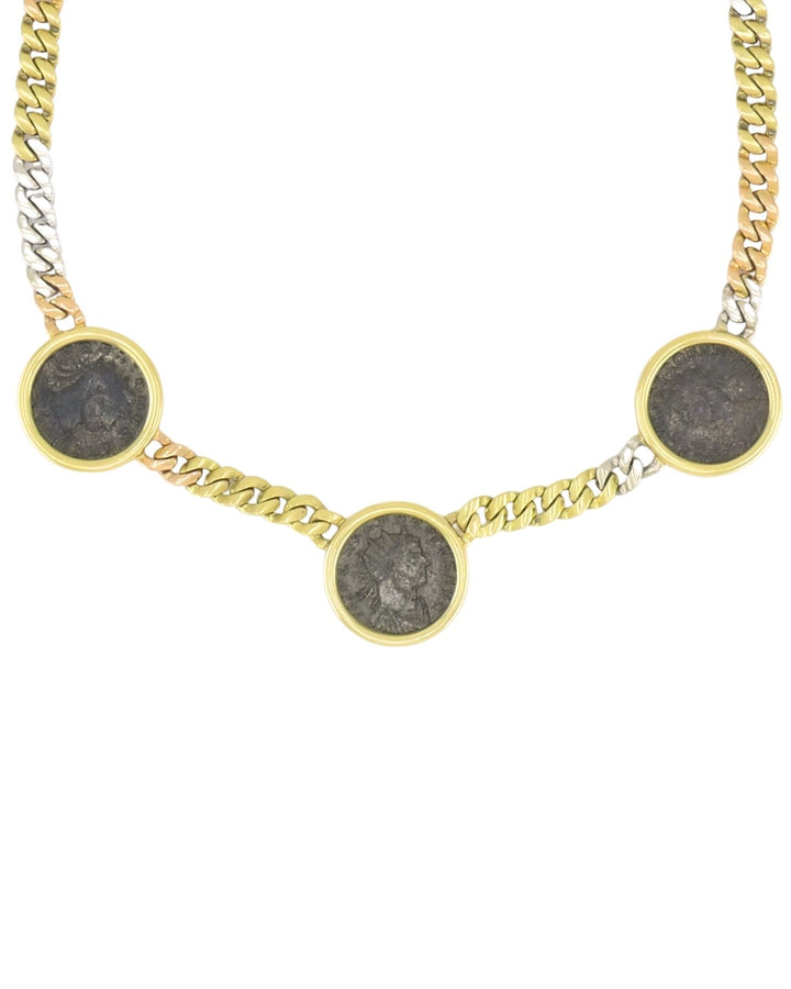 Bvlgari Bulgari Monete Coin Necklace 18k Tri Color Gold Chain Necklace Three Ancient Coins