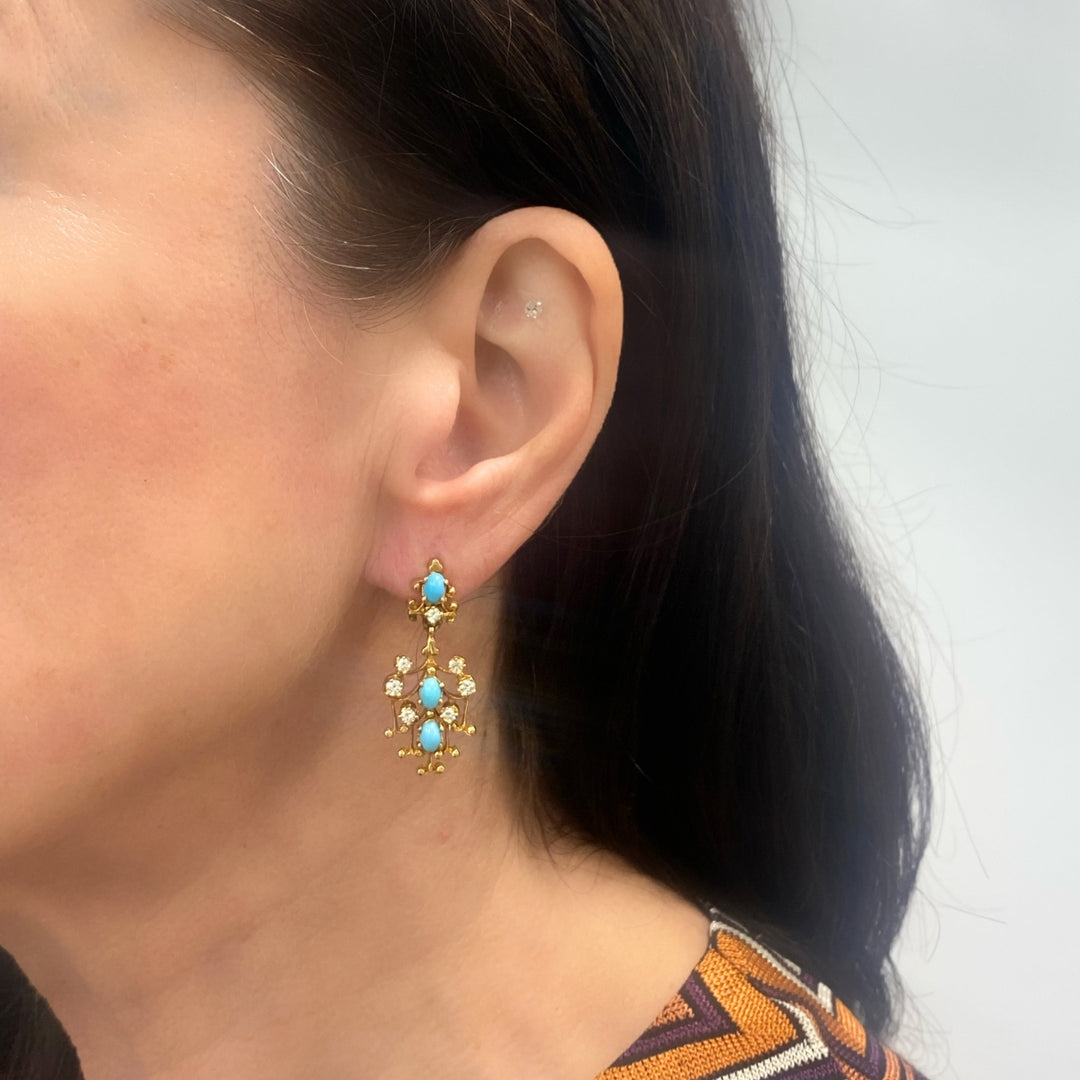 14k Yellow Gold Turquoise Diamond Scrollwork Drop Earrings