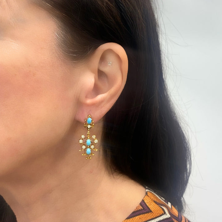 14k Yellow Gold Turquoise Diamond Scrollwork Drop Earrings