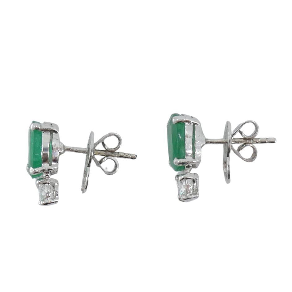 Vintage 18k White Gold Emerald Diamond Stud Earrings