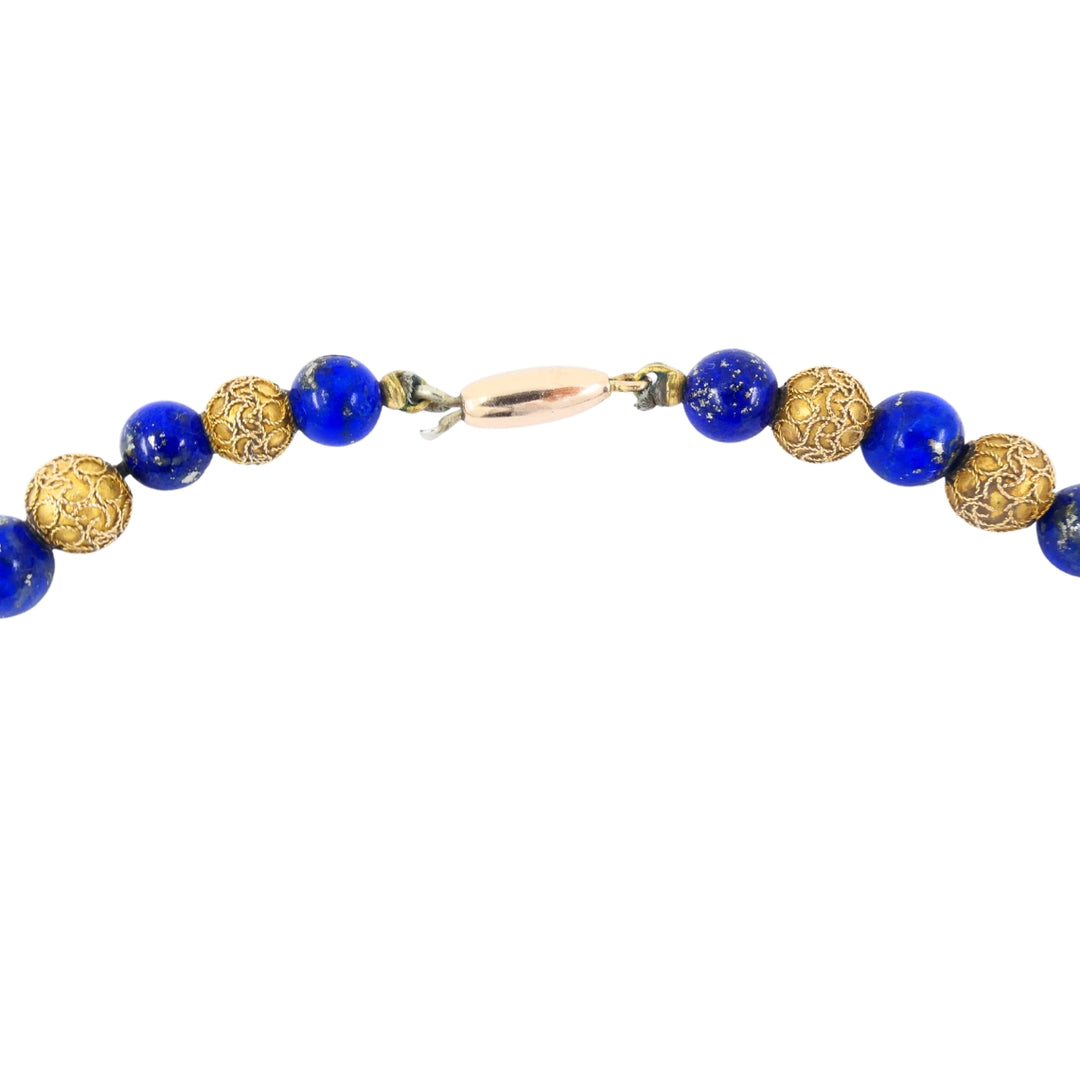 Vintage Choker Necklace 14k Textured Gold Lapis Lazuli Beads