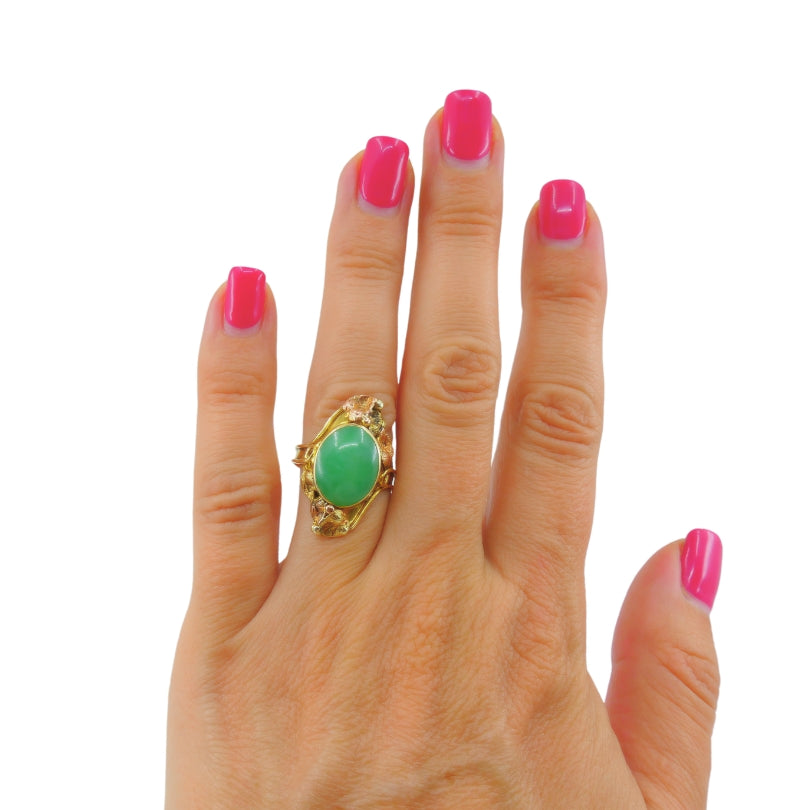 Floral Design Jade Ring Antique 14k Gold