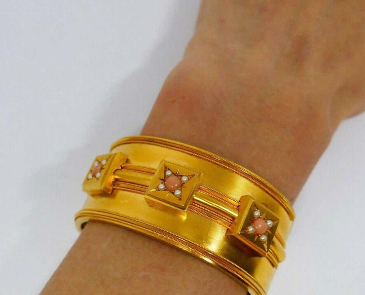 Victorian Coral Yellow Gold Bangle Bracelet