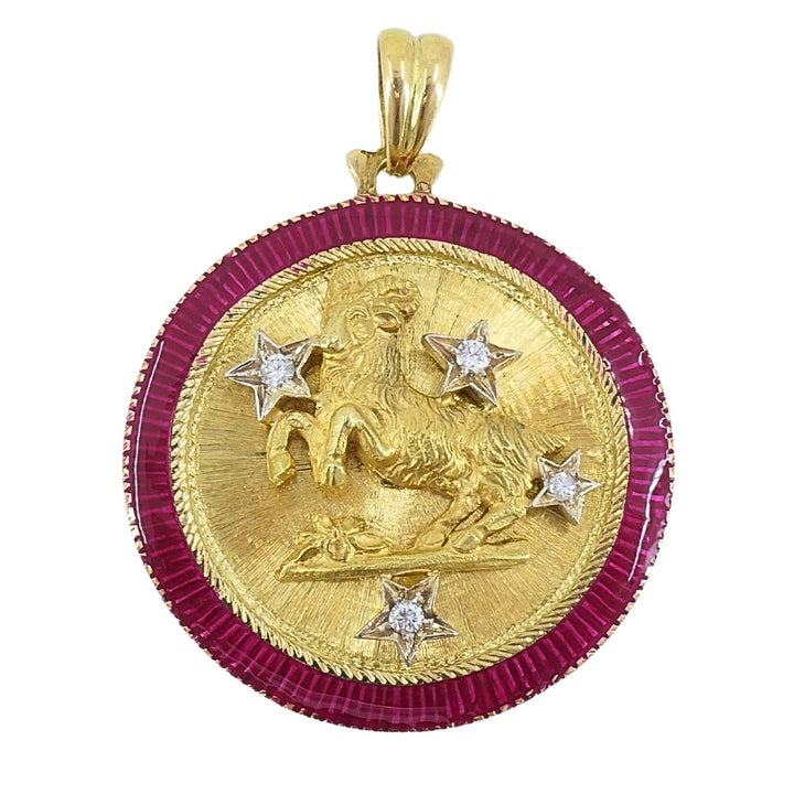 Capricorn Pendant Vintage 18k Gold Enamel Diamond