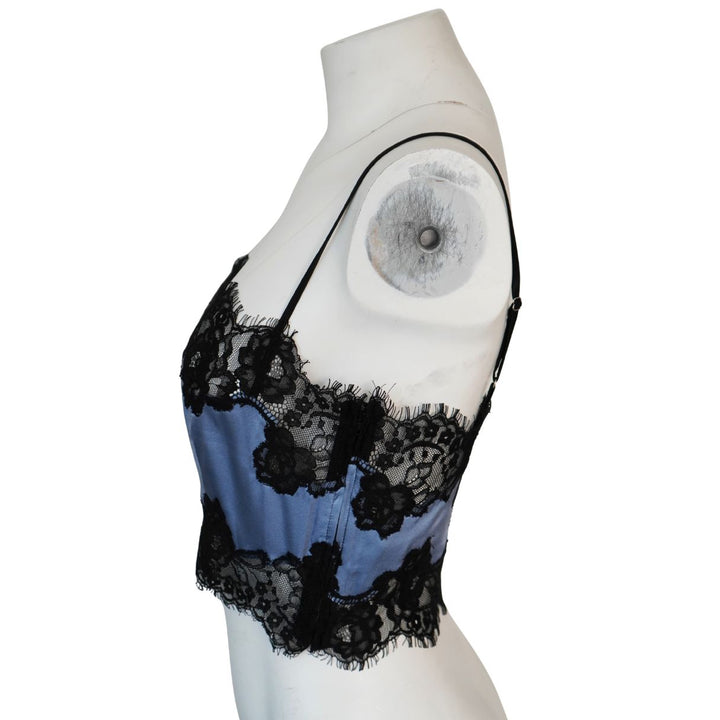 Fleur du Mal Blue Silk Black Lace Cropped Tank Top