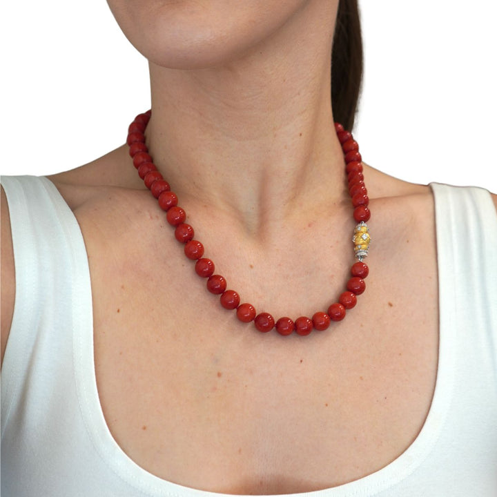 Mario Buccellati 18k Two Tone Gold Diamond Red Coral Bead Necklace 1960s
