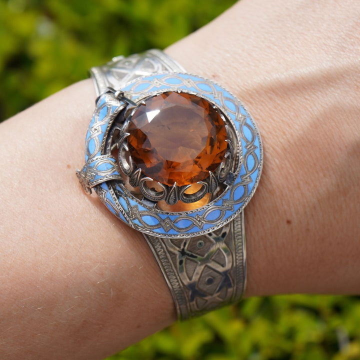 Antique Victorian Mackay Scottish Silver Blue Enamel Citrine Hinged Bracelet