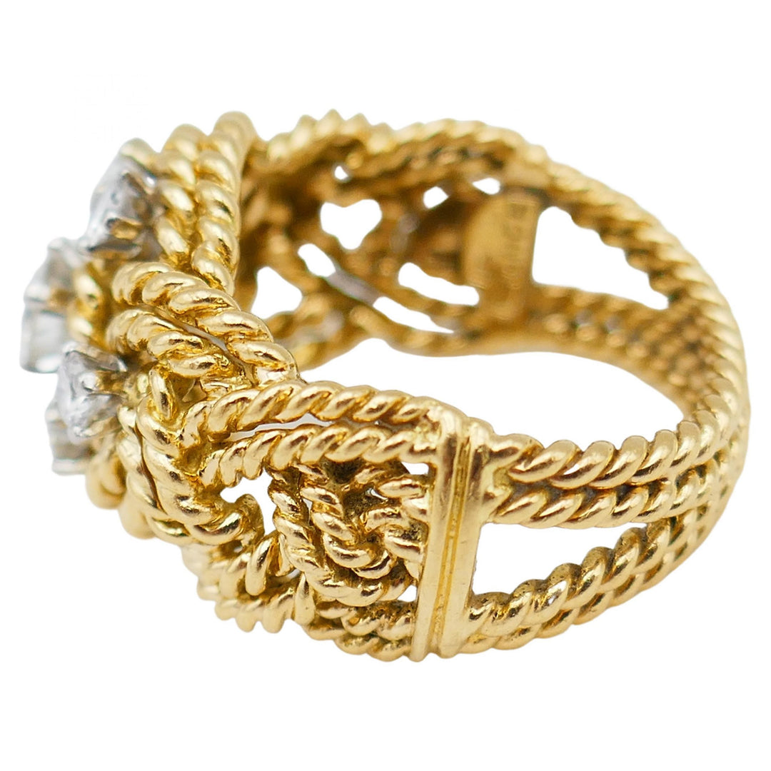 French Vintage Diamond Gold Braided Rope Ring