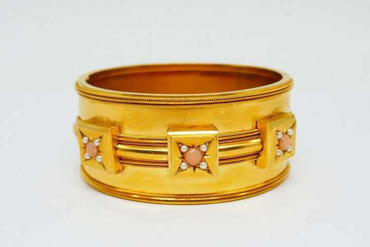 Victorian Coral Yellow Gold Bangle Bracelet