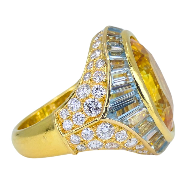 Bvlgari Bulgari Yellow Sapphire Ring Gold Aquamarine Diamond Vintage Jewelry