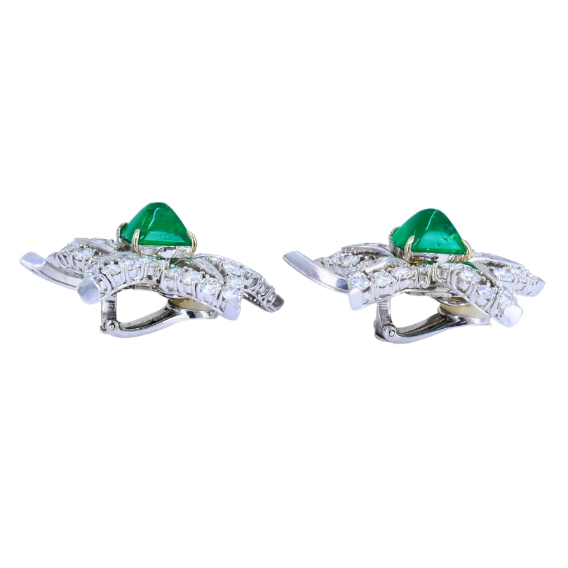 Vintage Platinum Diamond Floral Earrings Sugarloaf Emerald Estate Jewelry