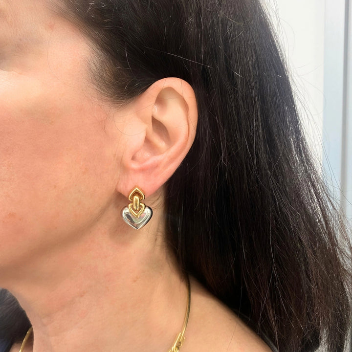 Bvlgari 18k Yellow Gold & Steel Doppio Cuore Heart Drop Bulgari Earrings