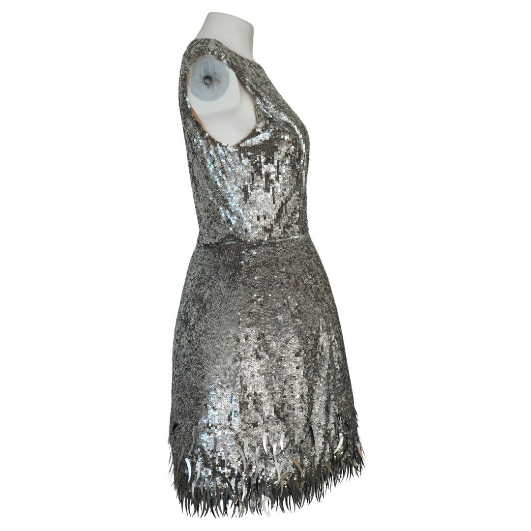 Oscar de la Renta Silver Sequined Fringe Mini Dress