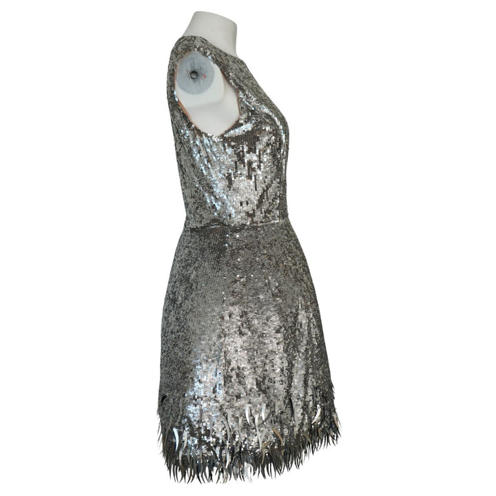 Oscar de la Renta Silver Sequined Fringe Mini Dress