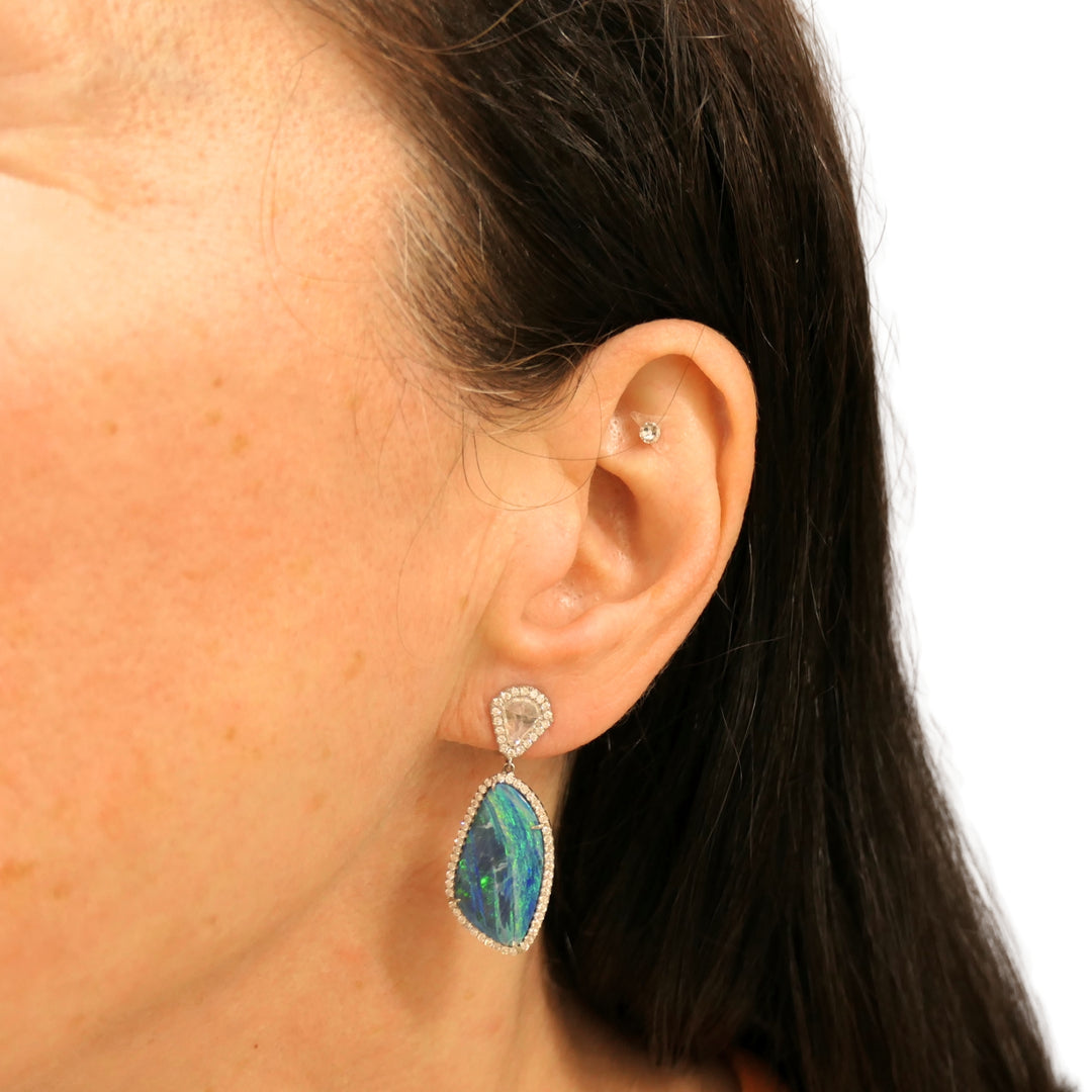 Spectacular Australian Boulder Opal Diamond 18K White Gold Drop Earrings – Electric Blue & Green
