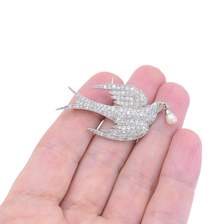 Diamond Pendant Bird Pin with Pearl Drop