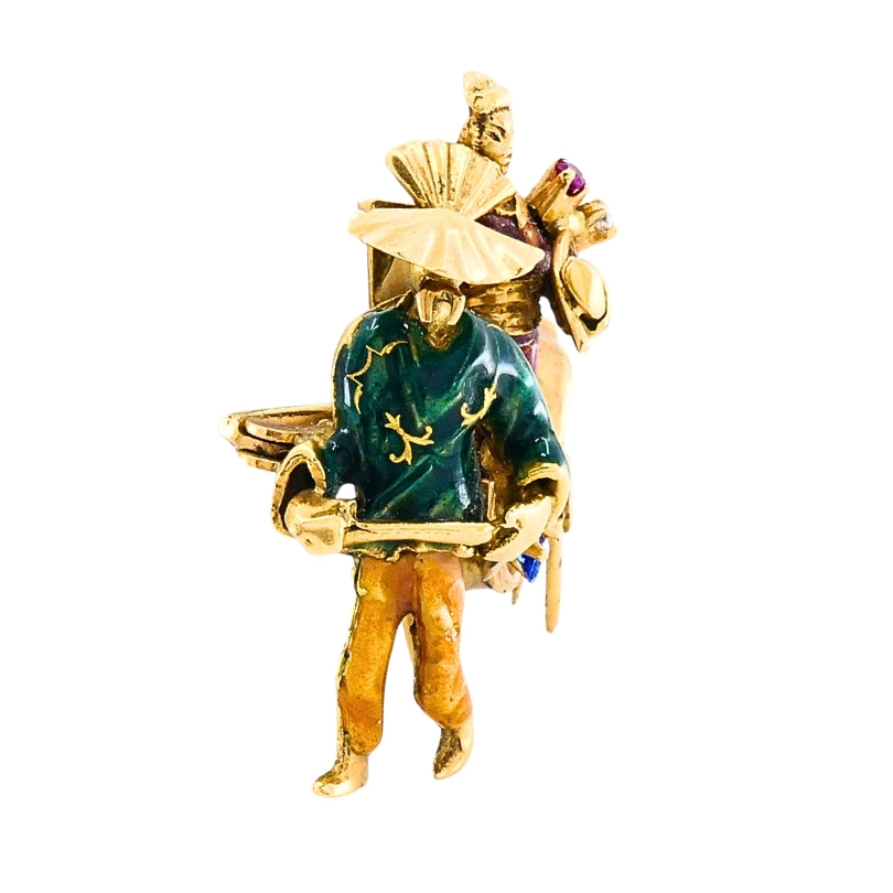 Vintage 18k Gold Riksha Brooch Pin Enamel Gemstone Accents