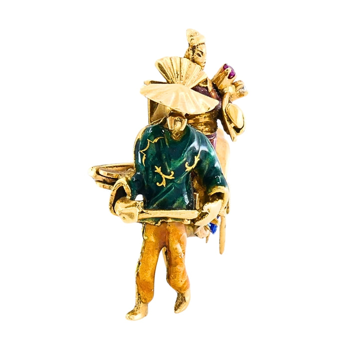 Vintage 18k Gold Riksha Brooch Pin Enamel Gemstone Accents