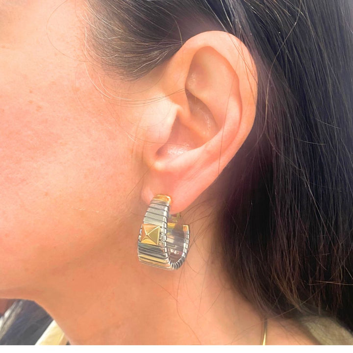 Bvlgari 18k Yellow Gold & Steel Tubogas Pyramid Hoop Earrings