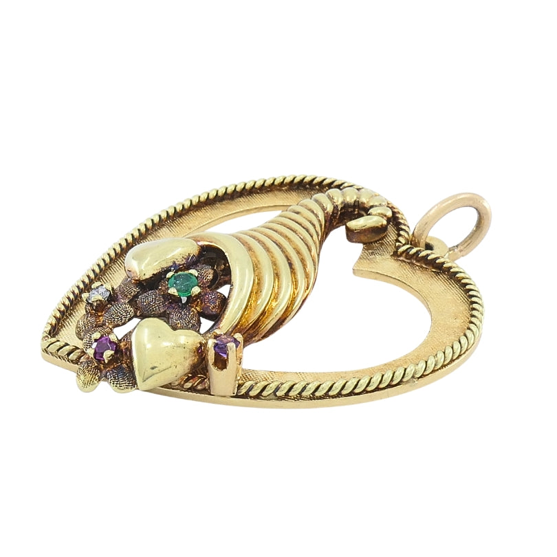 Vintage 14k Gold Heart Pendant Gemstone Cornucopia Design