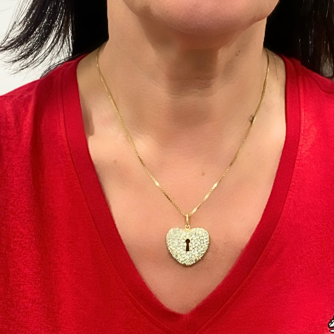 Vintage 18k Gold Pavé Diamond Heart Lock Pendant Necklace 14k Box Chain