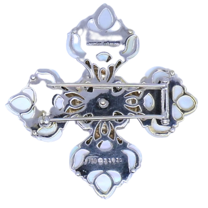 Seaman Schepps 18k Gold Diamond Maltese Cross Brooch Carved Rock Crystal Sapphire