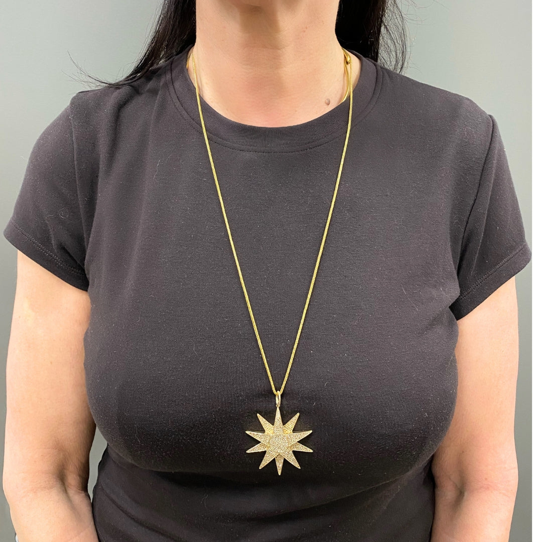 14k Gold Diamond Starburst Pendant Chain Necklace