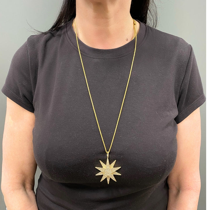 14k Gold Diamond Starburst Pendant Chain Necklace