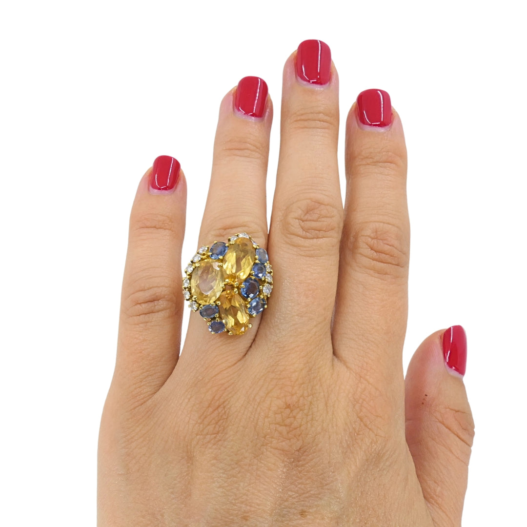 Vintage 14k Gold Imperial Topaz Blue Sapphire Diamond Cluster Cocktail Ring