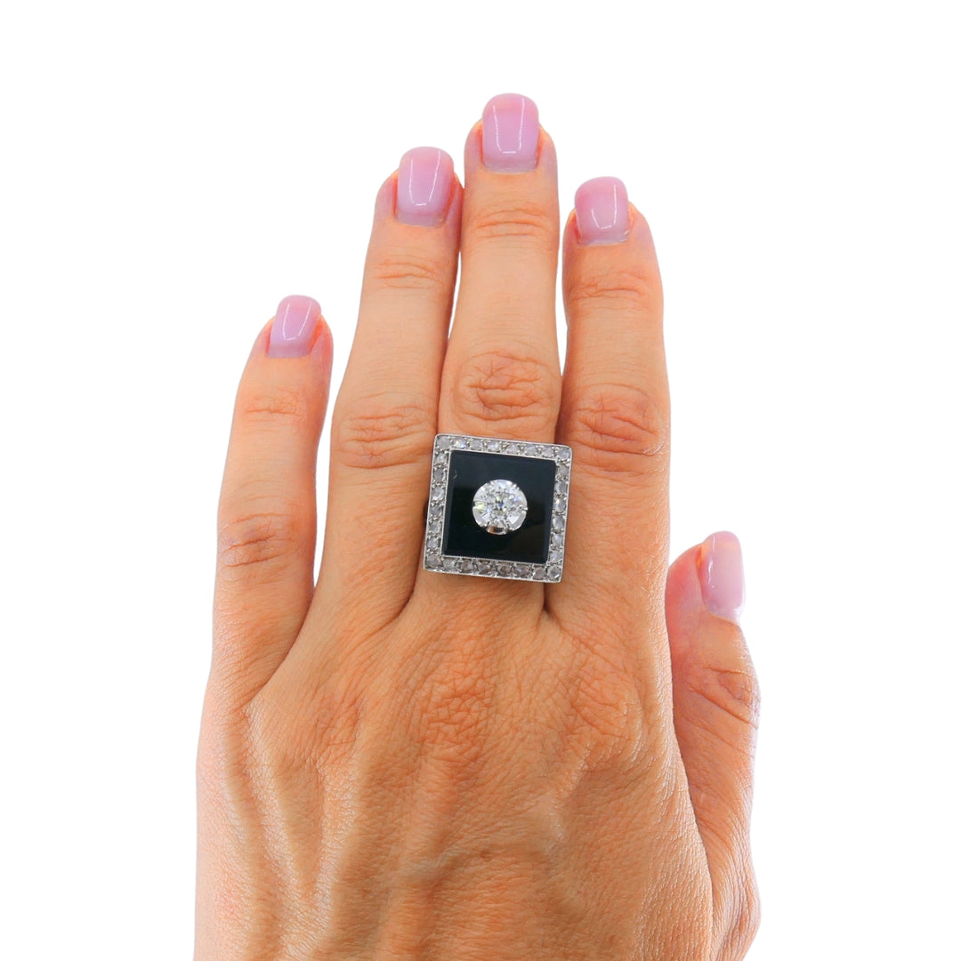 Art Deco 14k Gold Onyx Diamond Square Plaque Ring Antique Jewelry