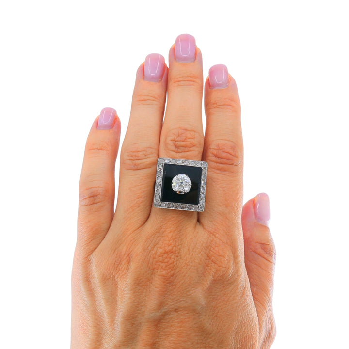 Art Deco 14k Gold Onyx Diamond Square Plaque Ring Antique Jewelry