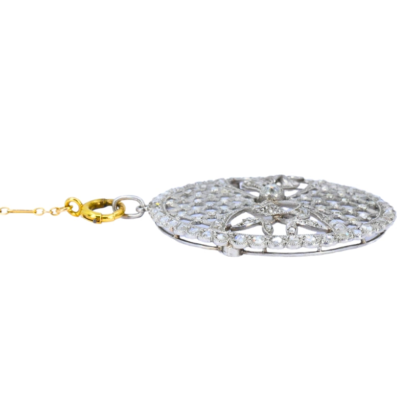 Edwardian Platinum Filigree Pendant Diamonds 14k Gold Chain Art Deco Estate