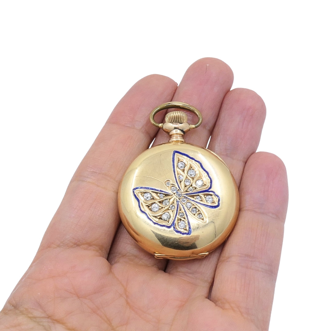 Antique Elgin 14K Gold Keystone Hunter Case Pocket Watch Diamond Butterfly