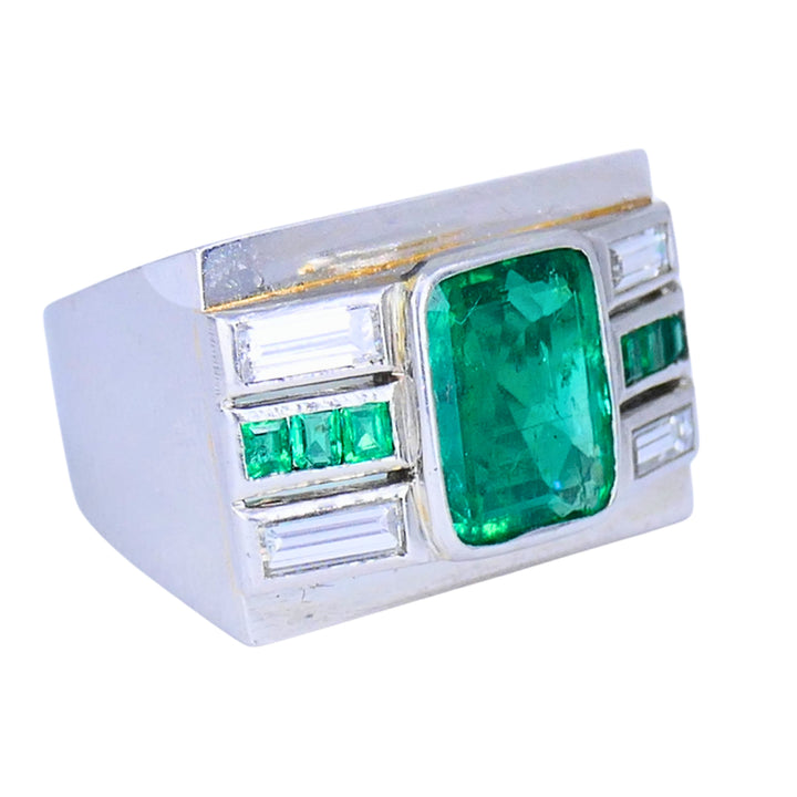 Emerald Diamond Ring Art Deco Revival Platinum Ring French