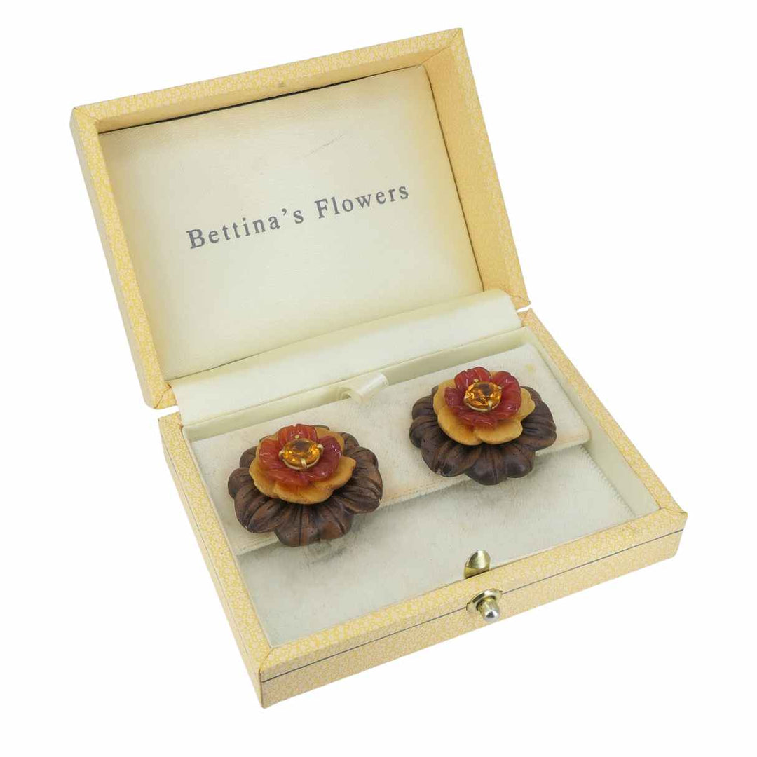 Bettina Gabetti for Trianon Flower Earrings 18k Gold Wood Carnelian Citrine