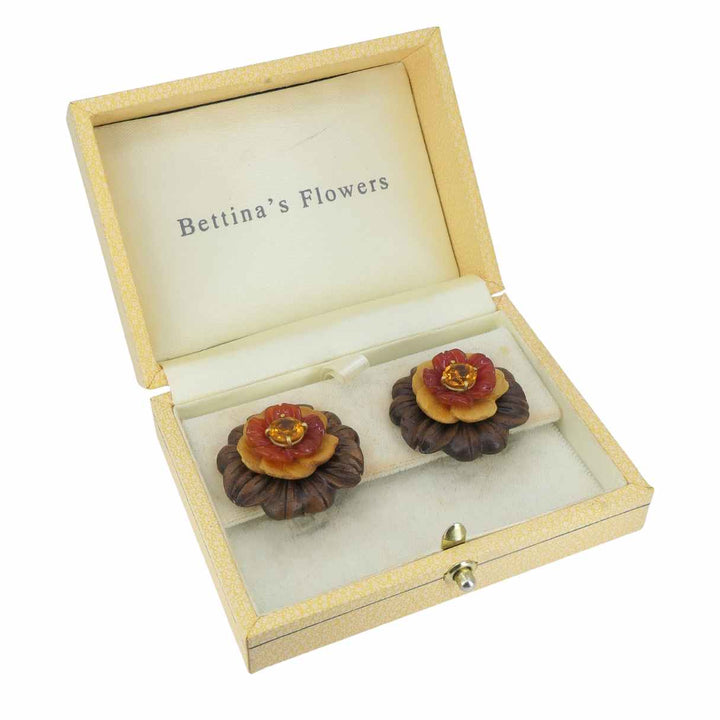 Bettina Gabetti for Trianon Flower Earrings 18k Gold Wood Carnelian Citrine
