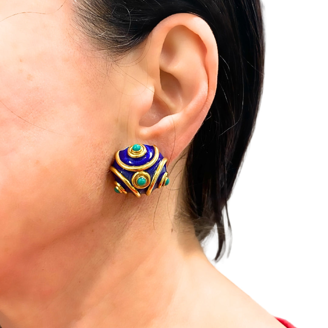 Vintage Tiffany & Co. 18k Gold Blue Enamel Turquoise Clip-On Earrings