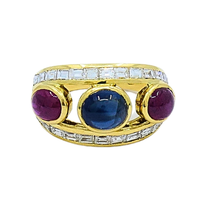 Vintage 18k Gold Ring Cabochon Ruby Sapphire Diamond