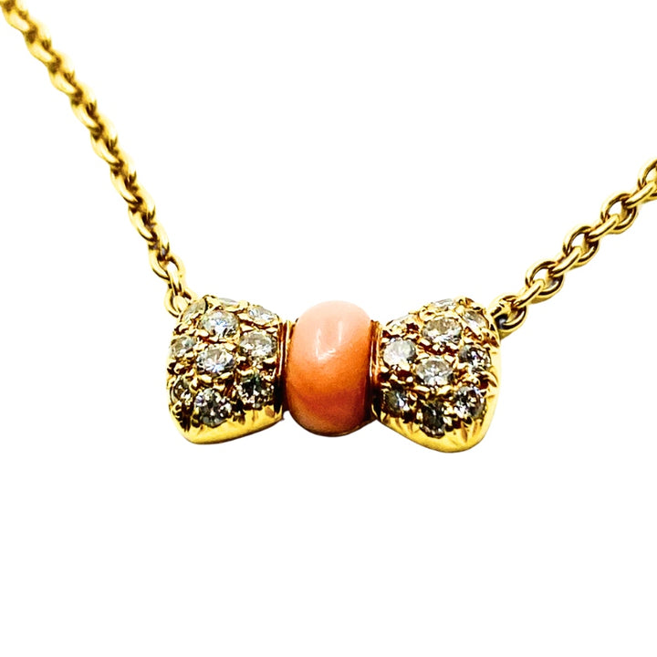 Van Cleef & Arpels Necklace 18k Gold Coral Diamond Bow Pendant