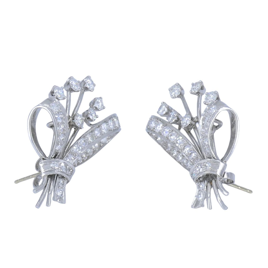 Mid Century Platinum Diamond Spray Earrings 4.30 Carats Bow Motif Gold Posts
