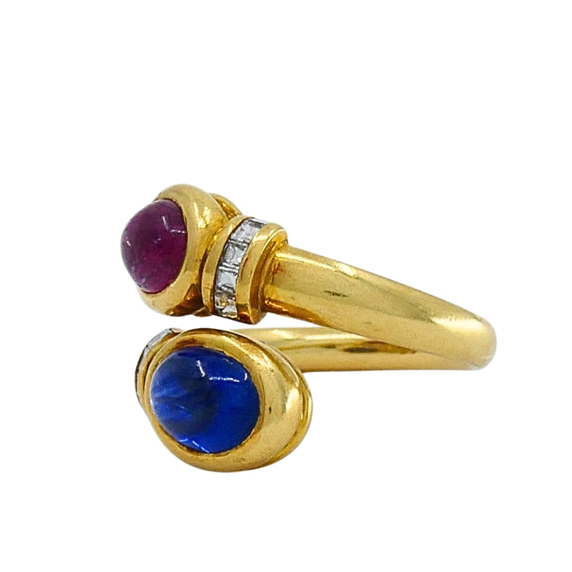 French 18k Gold  Ruby Sapphire Diamond Bypass Ring